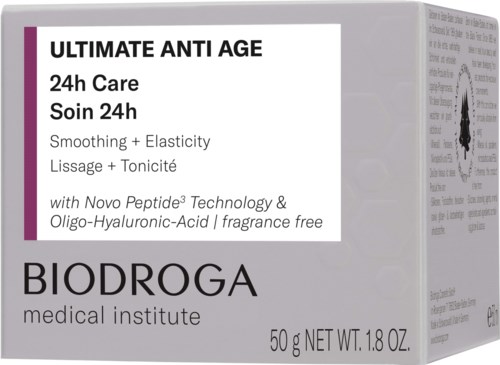 Pudełko produktu do pielęgnacji skóry oznaczone 'Ultimate Anti Age' na 24-godzinną opiekę, zawiera Novo Peptide i Oligo-Hyaluronic-Acid.