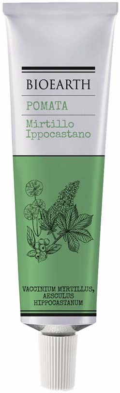 A tube of Bioearth face cream with a green and white label, featuring plant illustrations and text descriptions.