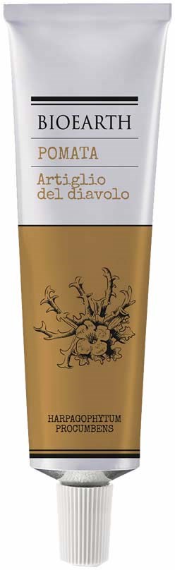A white and gold tube labeled BioEarth Pomata with plant and historical references, indicating a product for skin.