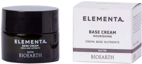 Een zwarte pot en een witte doos met Elementa basiscrème, gemerkt als voedend en voedingsrijk voor Bioearth.