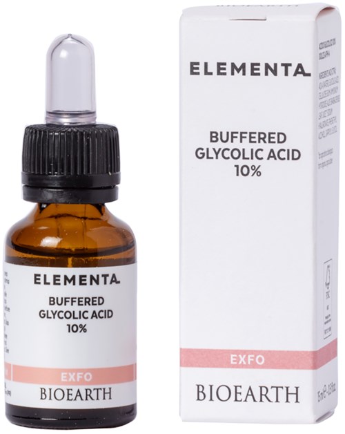 Een kleine fles en doos van Elementa gebufferde glycolzuur 10%, voor huidverzorging. Het merk is Bioearth.