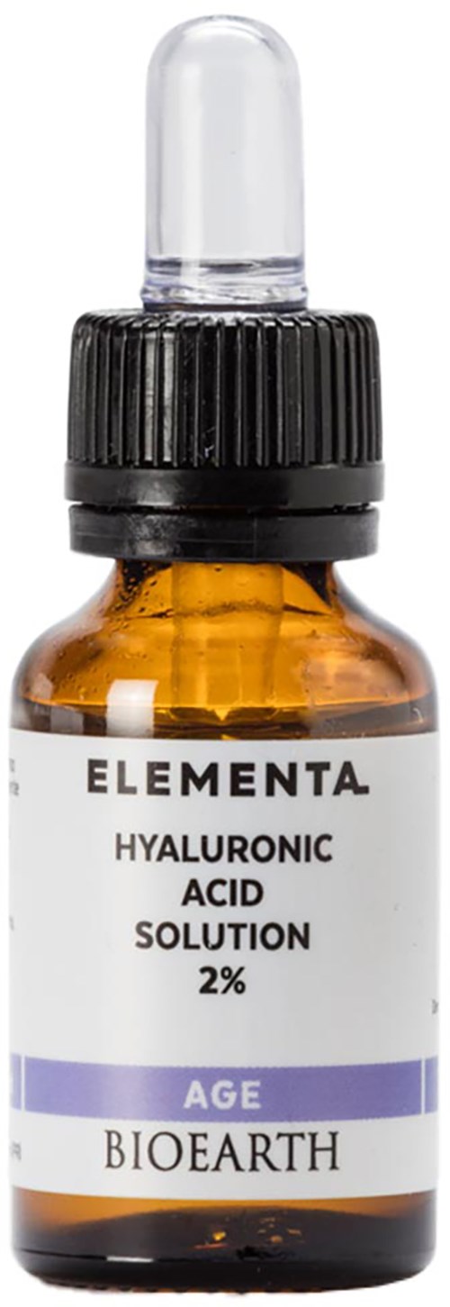 Kleine amberkleurige fles met pipet, gelabeld als hyaluronzuuroplossing door Bioearth voor huidverzorging.