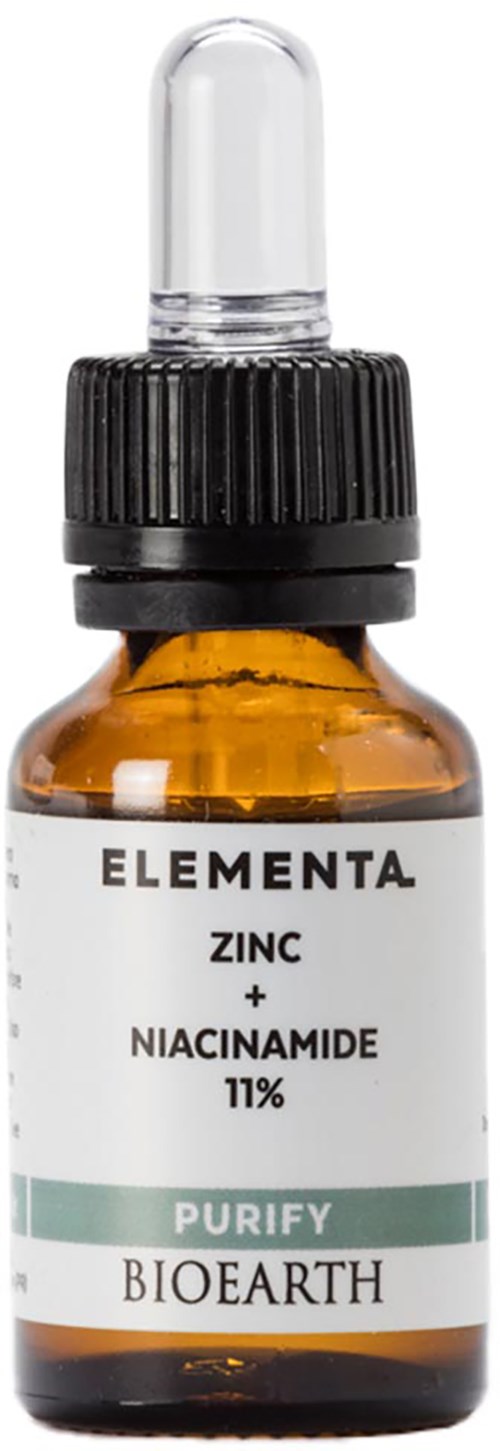 Kleine bruine fles met pipet, gelabeld met zink, niacinamide en genaamd Bioearth Purify.