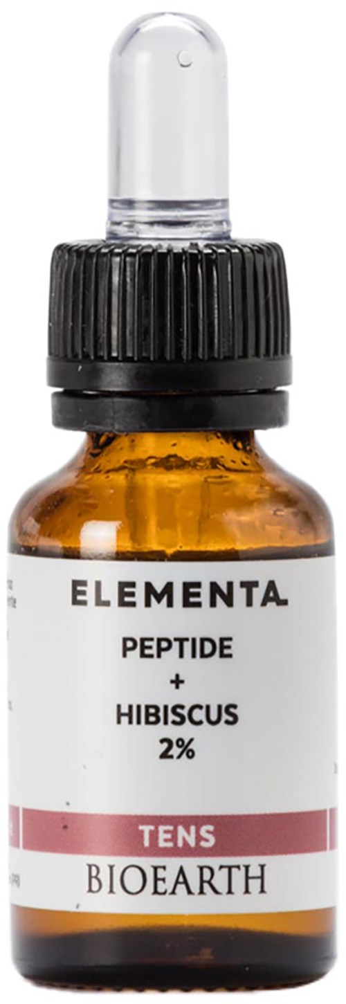 Pieni tummanruskea lasipullo, jossa musta tippaustikka ja etiketti 'Elementa Peptide + Hibiscus 2%' Bioearthilta.