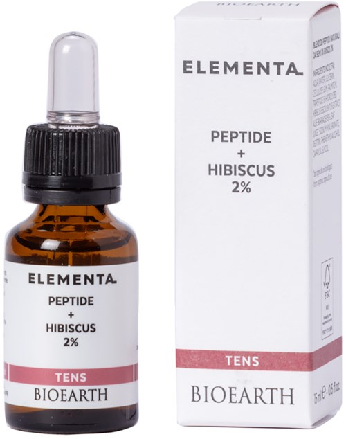 Pieni ruskea pullo tipaposkalla ja valkoinen rasia, merkitty 'Elementa, Peptide + Hibiscus 2%', ihonhoitoon.