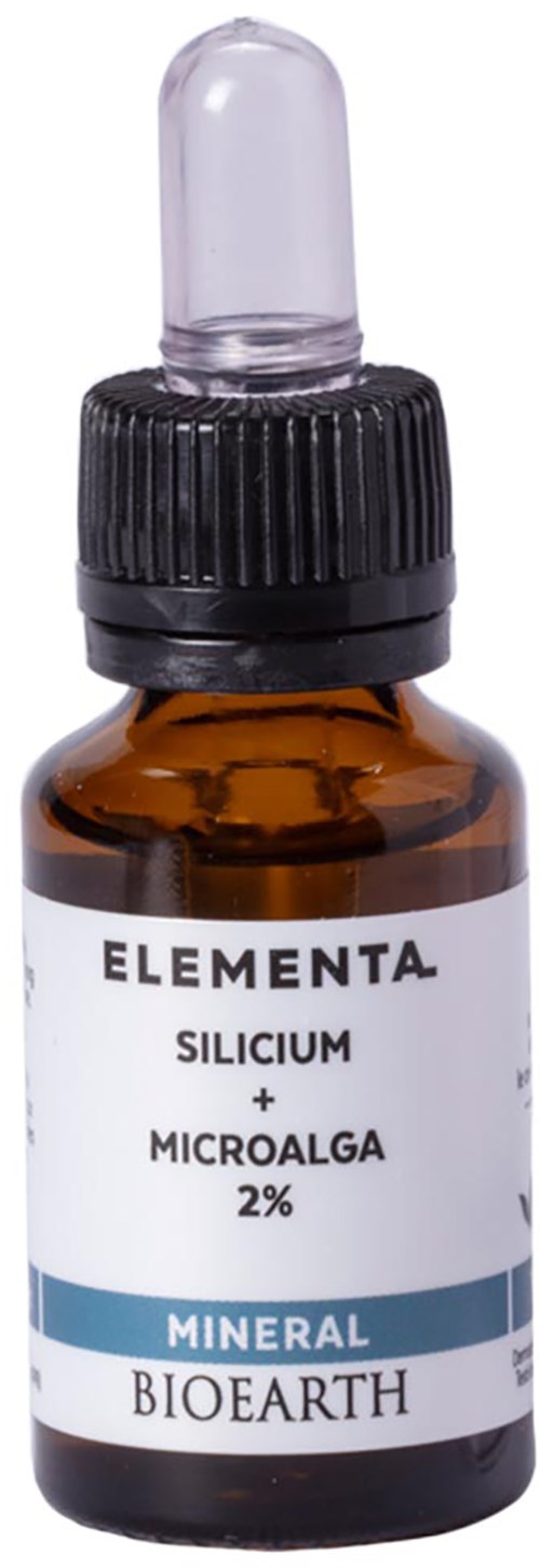 En liten ravfarget flaske med pipette med etiketten 'ELEMENTA SILICIUM + MICROALGA 2%'.