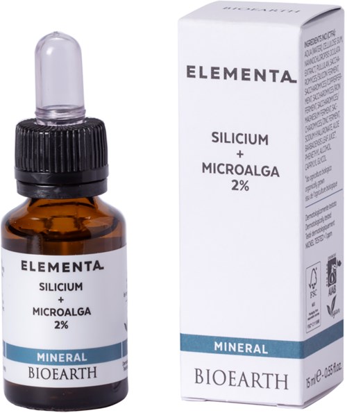 En liten ravfarget flaske og eske med etiketter for Elementa mineraltilskudd med silica og mikroalger.