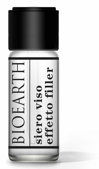 En liten behållare med svart lock märkt 'BIOEARTH' och 'siero viso effetto filler.'