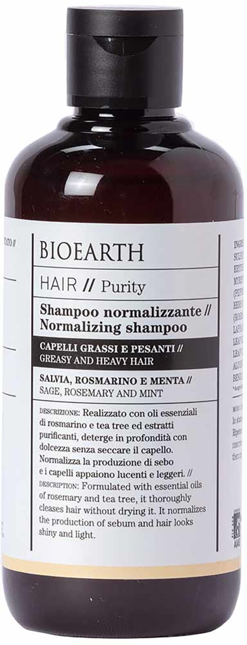 En brun flaska Bioearth hårschampo med vit etikett, svart lock, och produktdetaljer på flera språk.
