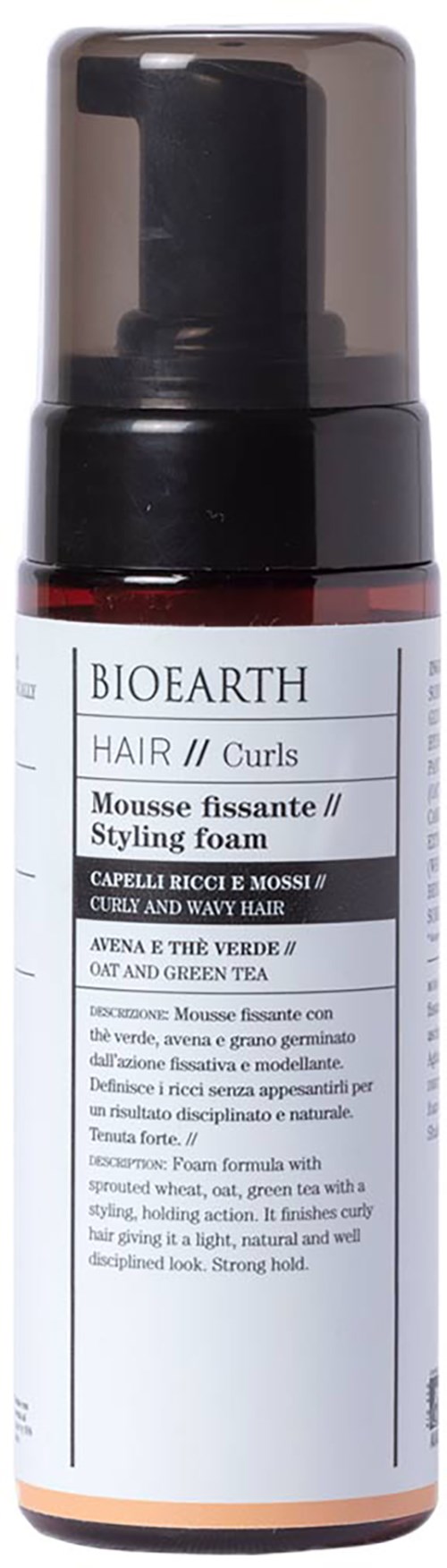 A bottle of Bio Earth styling foam for curls, with black cap and white label, containing descriptive text.
