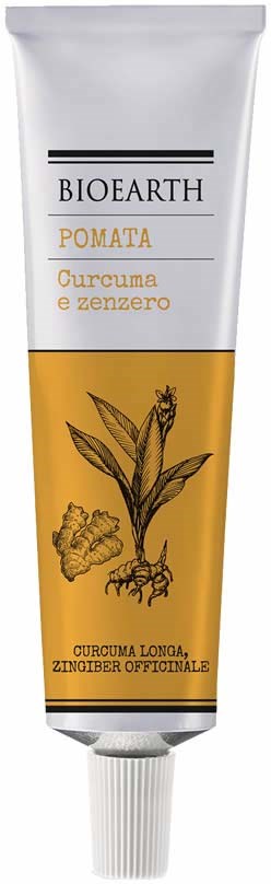Putkipakkaus Bioearth Curcuma ja inkivääri kasvovoiteelle, jossa kurkuma ja inkivääri kuvitettu.