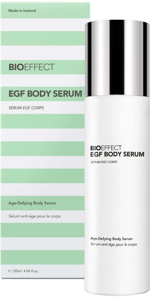 En vit flaska med silverlock bredvid gröna och vita randiga förpackningen för bioaktiv EGF-kroppssserum.
