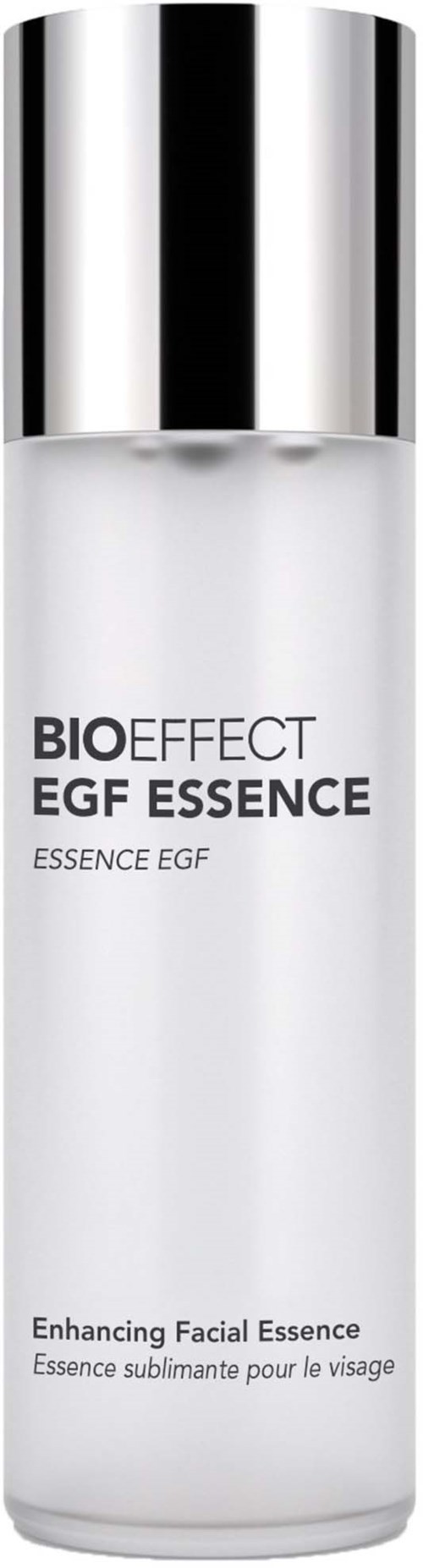 En vit kosmetikflaska med silverlock, märkt BIO EFFECT EGF ESSENCE för hudvård.