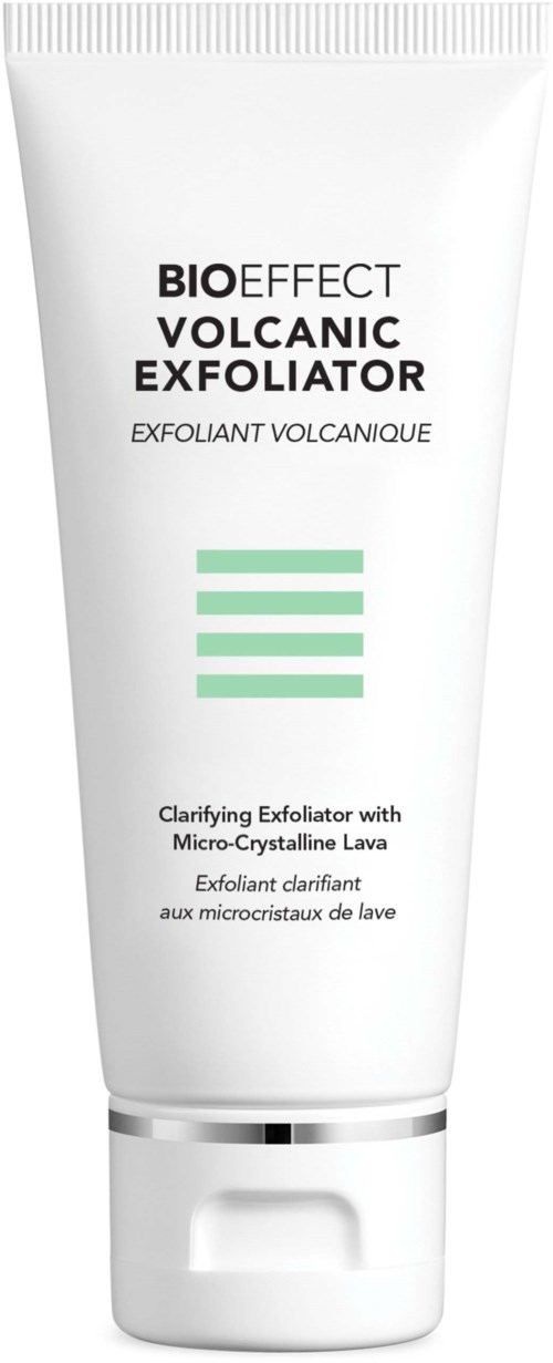 A white tube labeled 'Bio Effect Volcanic Exfoliator' with green lines and black text, indicating it is a volcanic exfoliant.