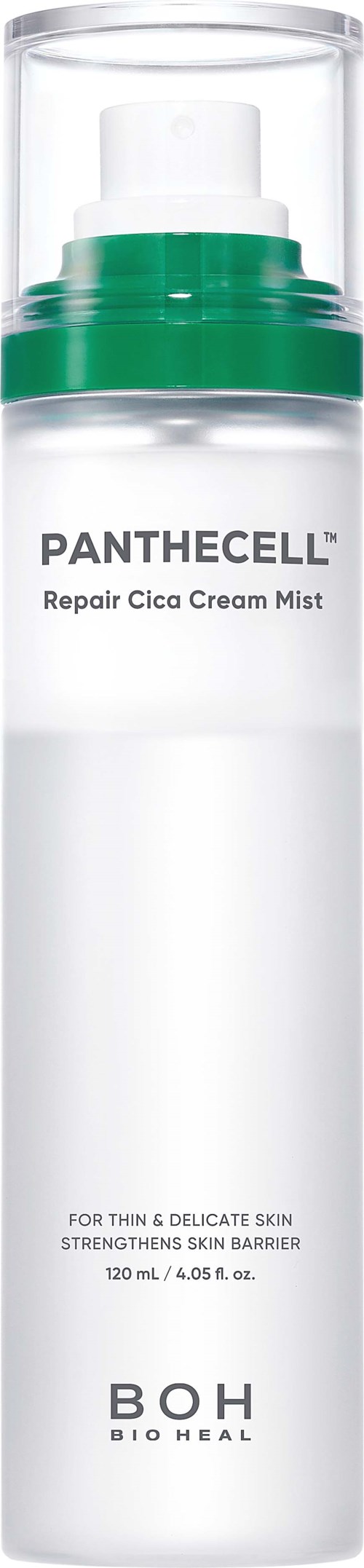A white spray bottle with green accents labeled Panthecell Repair Cica Cream Mist and BOH Bio Heal.