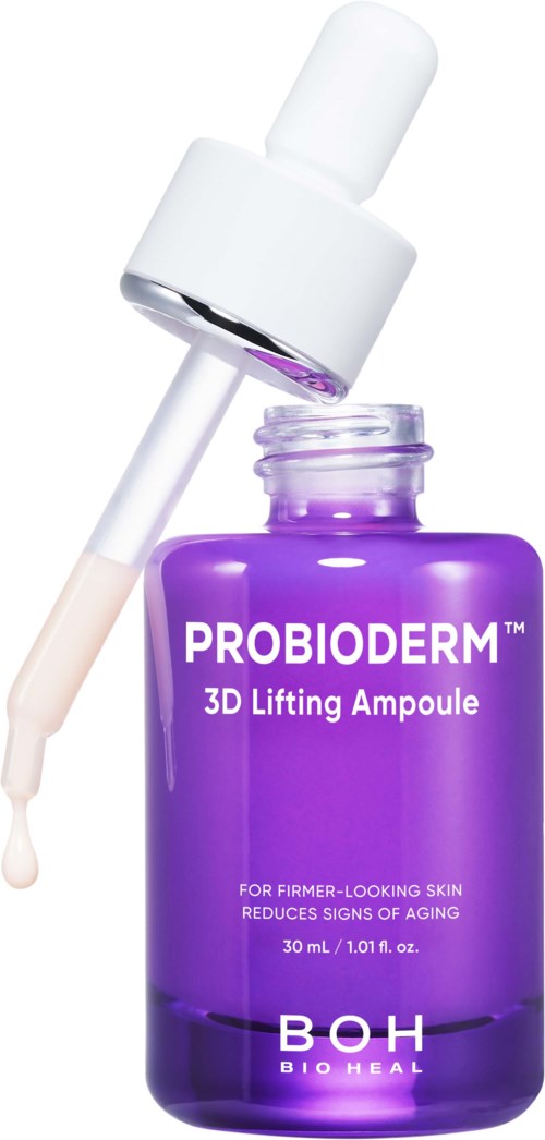A purple bottle of Probioderm 3D Lifting Ampoule with a dropper, label showing product details, and a drop of serum.