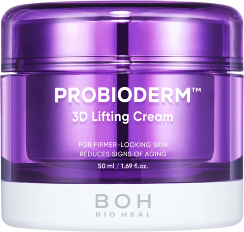 A purple jar of PROBIODERM 3D Lifting Cream with white text, on a white base, promoting firm and young-looking skin.