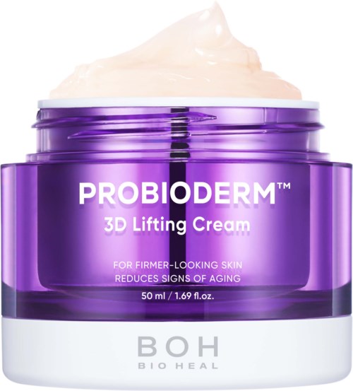 A purple jar of Probioderm 3D Lifting Cream with cream on top, labeled for firmer skin and anti-aging benefits.
