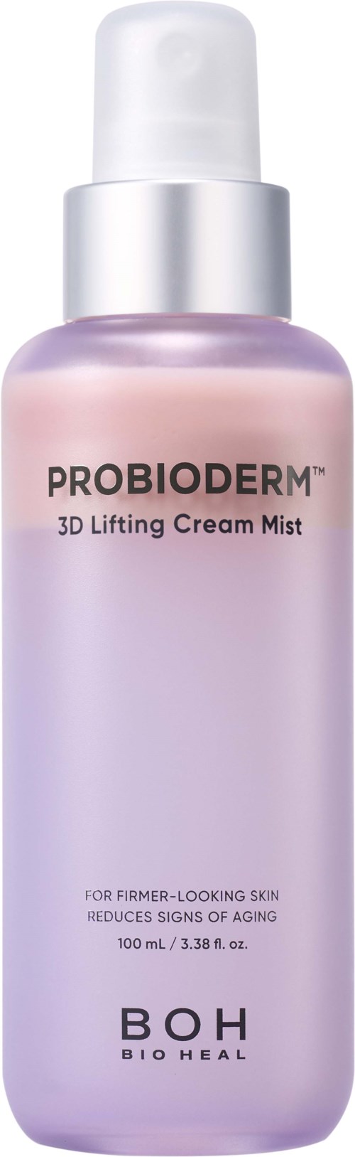 A bottle of PROBIODERM 3D Lifting Cream Mist with a white cap and pink-to-purple gradient bottle. Text on the label.