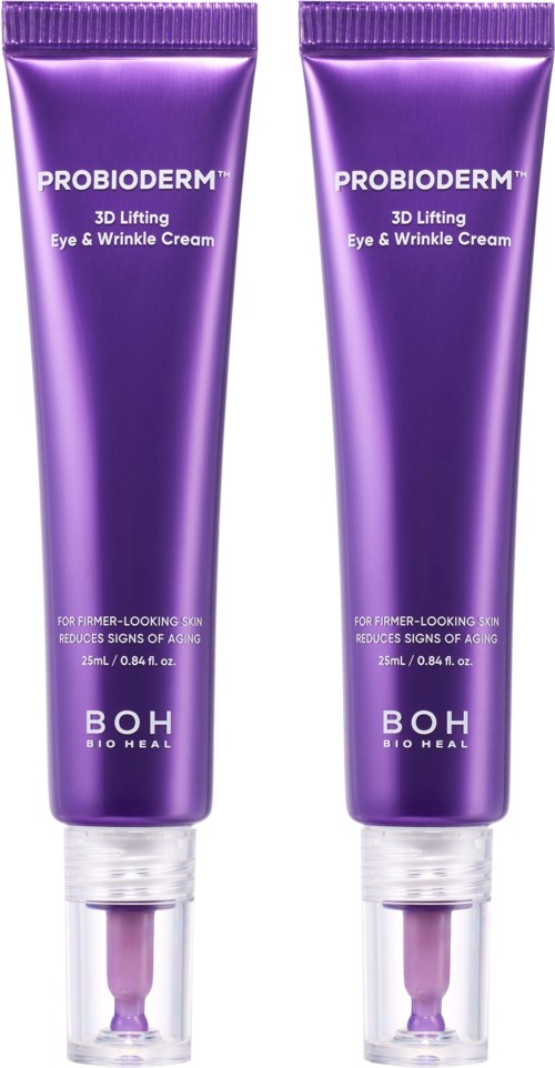 Two purple tubes of Probiotherm 3D Lifting Eye & Wrinkle Cream with silver caps and applicators.