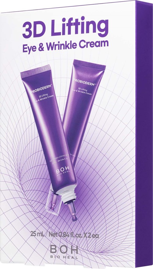 Box with two purple tubes labeled 3D Lifting Eye & Wrinkle Cream and B.O.H. for eye care.