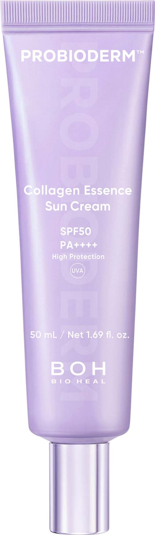 Purple tube of Probioderm Collagen Essence Sun Cream with SPF 50 and high protection.