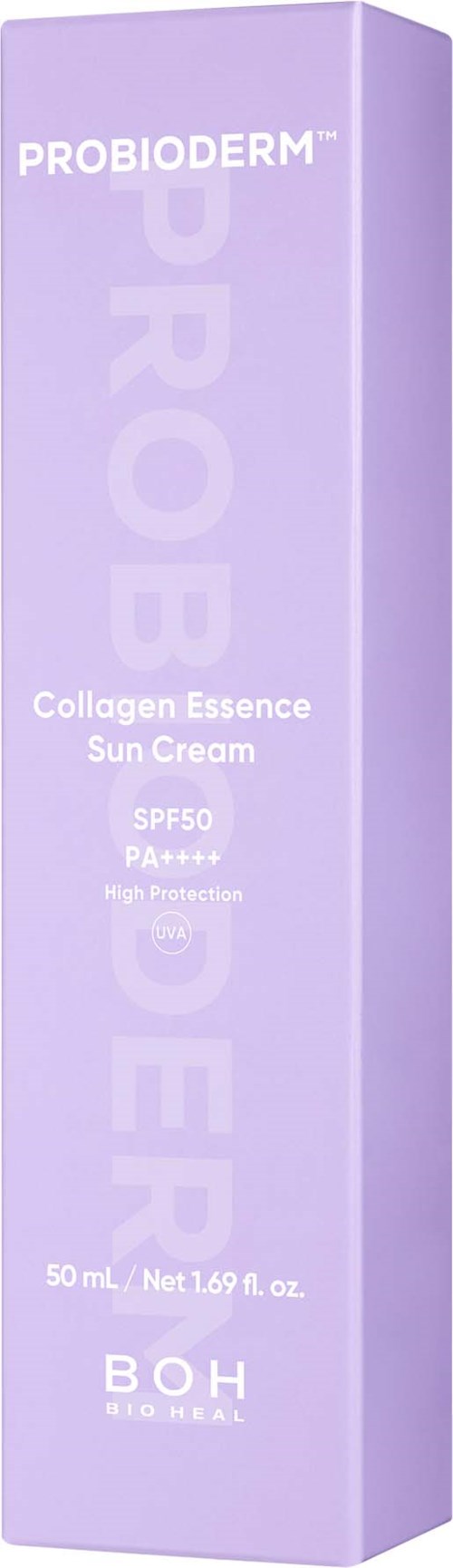 Lavender-colored box of Probioterm Collagen Essence Sun Cream with SPF50 and PA+++ protection, 50 ml.