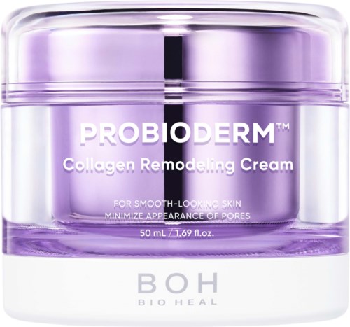 A purple jar of Probioderm Collagen Remodeling Cream with a silver lid, labeled for smooth skin and pore minimization.