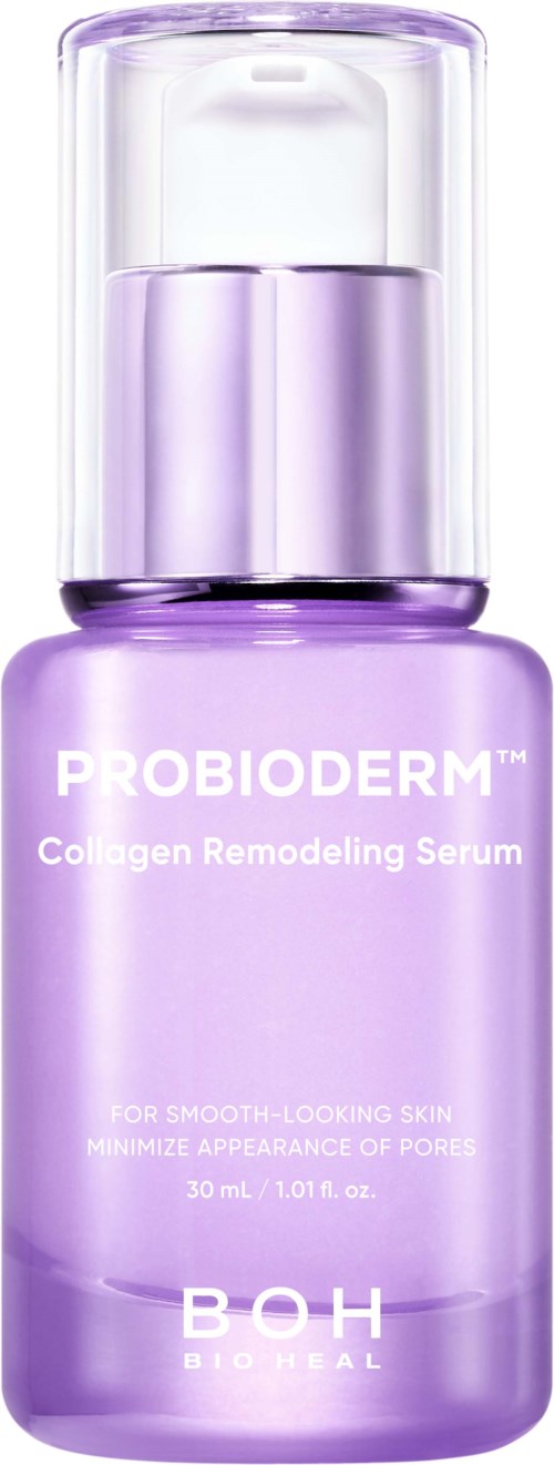 A purple skincare bottle labeled Probioderme Collagen Remodeling Serum by Boh Bio Itail with a clear cap.