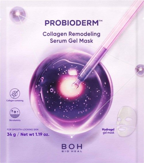 ProbiDerm collagen remodeling serum gel mask packaging with a dropper, purple and pink design, and a face mask illustration.