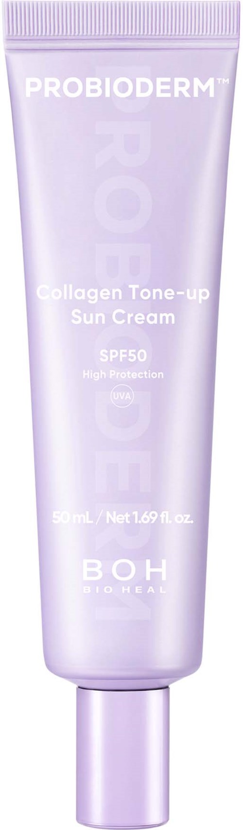 A lavender-colored tube of Probiocare Collagen Tone-up Sun Cream with SPF 50 and high protection. Brand: BOH.