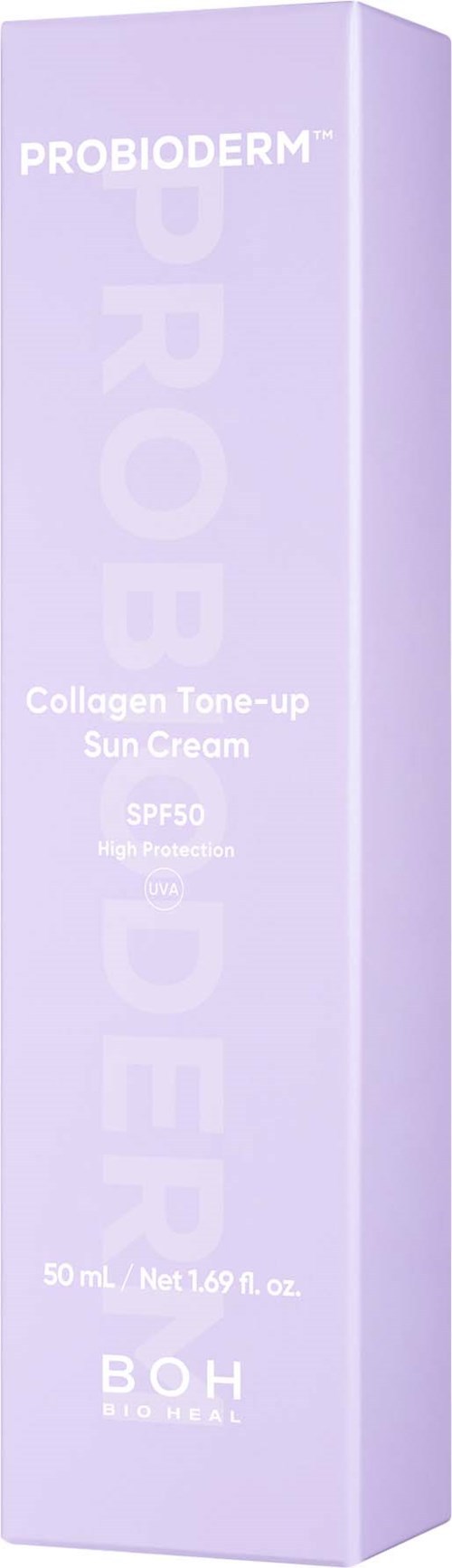 Tall, light purple box for collagen sun cream with SPF 50, labeled ProbiDerm and Boh. Simple packaging design.