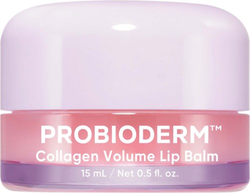 Pink container of ProbiDerm Collagen Volume Lip Balm with a white lid and product details on the front.