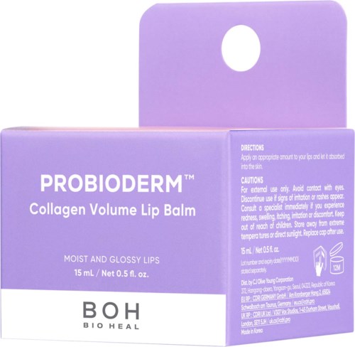Light purple box for Probiorderm Collagen Volume Lip Balm, 15ml, for moist and glossy lips, with product details on the side.