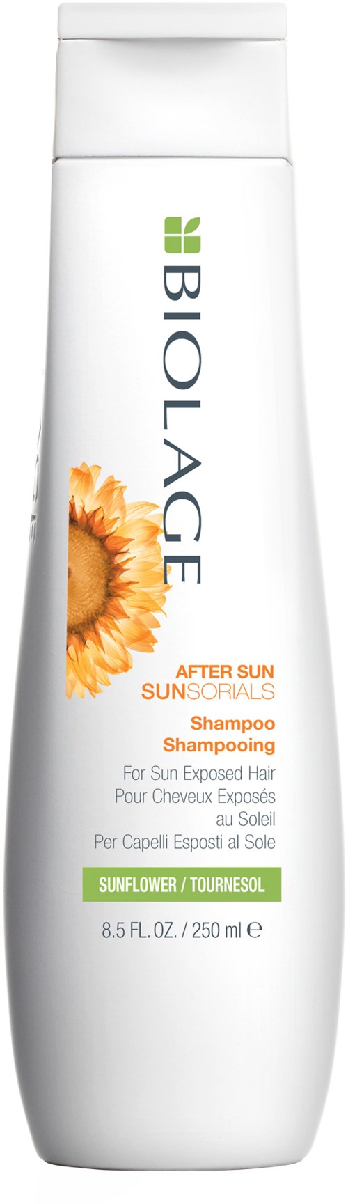 Biolage sjampo-flaske med solsikke-bilde, merket for etter sol hårpleie, 8,5 unse.