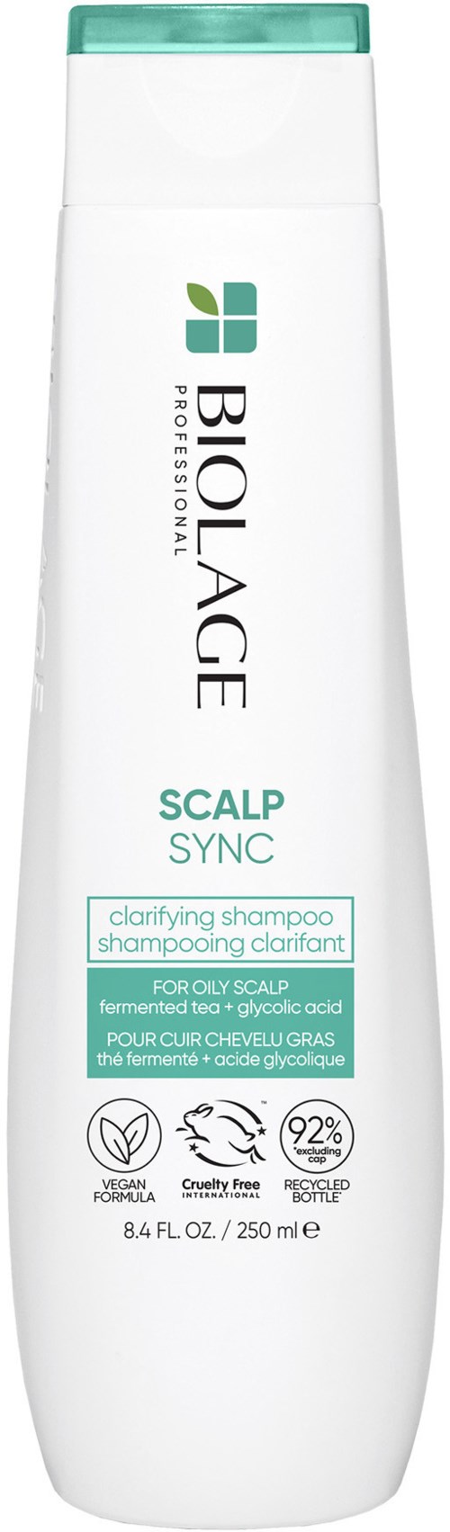 Biolage Scalpsync klärendes Shampoo für fettige Kopfhaut, 250 ml Flasche, vegan und tierversuchsfrei.