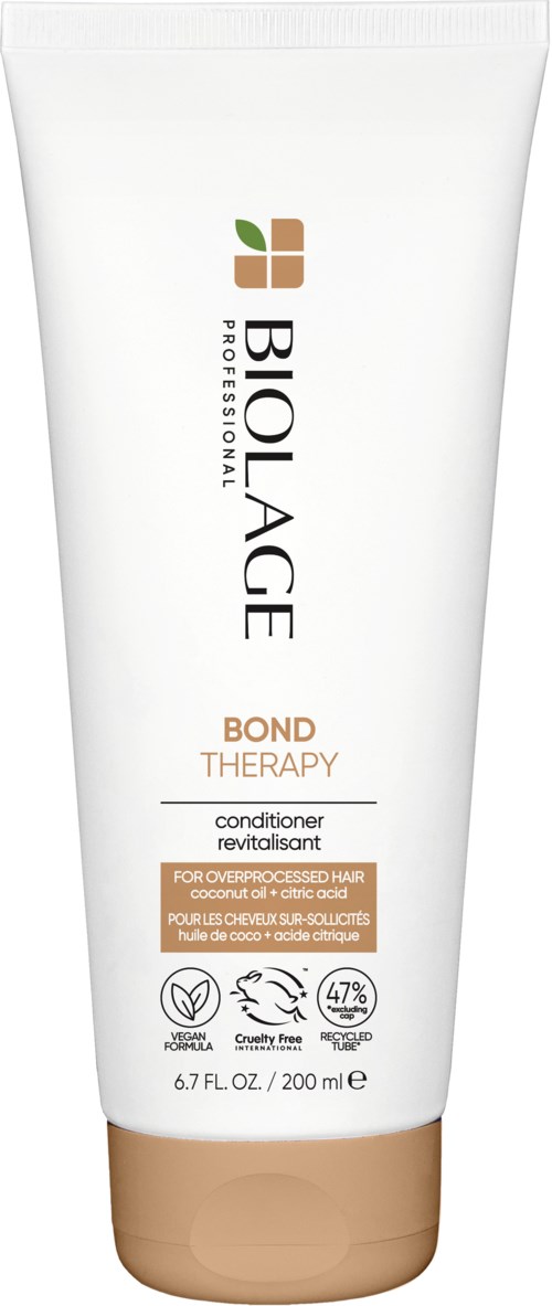 En vit tub med Biolage Professional Bond Therapy balsam med brun kork, etikett med ett grönt blad och geometrisk logotyp.