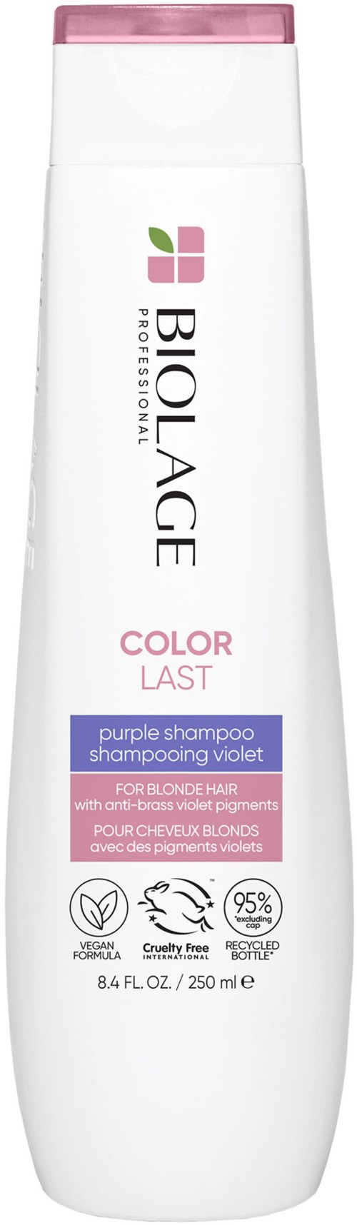 Biolage Color Last paarse shampoo voor blonde haren, met violet pigmenten, helpt de kleur levendig te blijven. 250 ml fles.