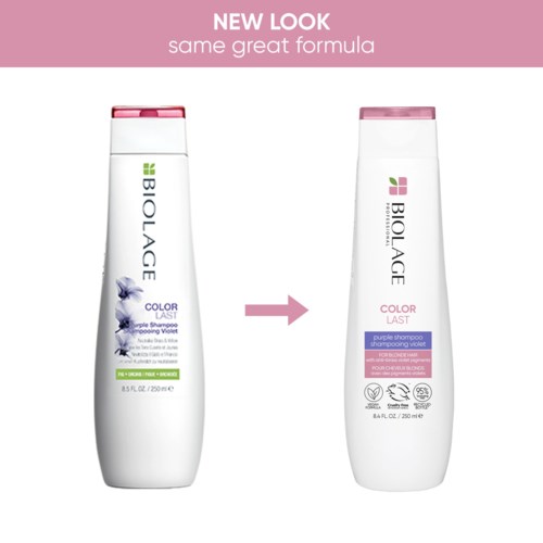 Twee shampoeflessen met een nieuwe look maar dezelfde formule, met roze en paarse labels en een vlindertje.
