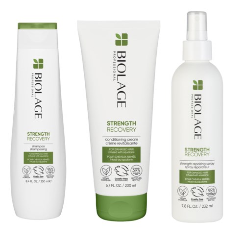 Tre Biolage Strength Recovery hårvårdsprodukter: schampo, balsamskumm och spray.
