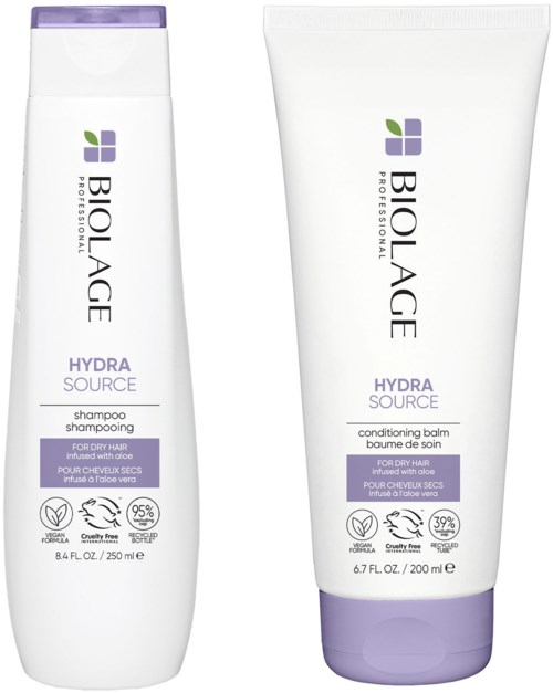 Two hair care products from Biolage, a shampoo and a conditioning balm, for dry hair with aloe and orchids.