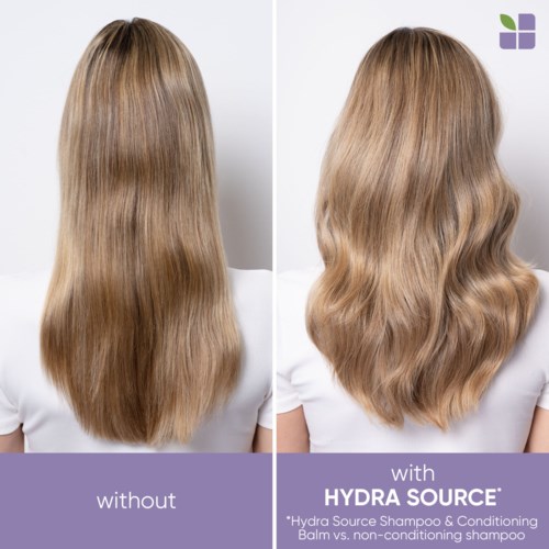 Two hair images, one without conditioner and one with Hydra Source shampoo, showing softer, shinier hair after use.