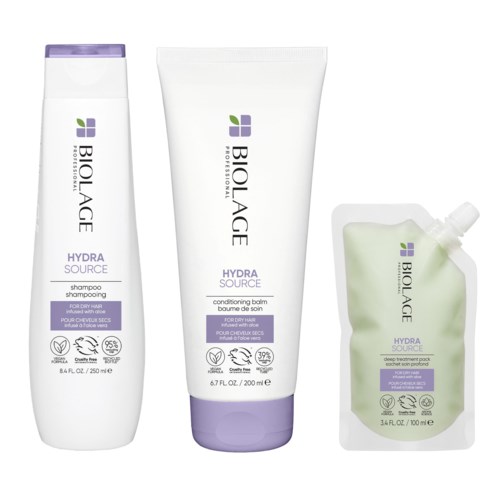 Tre Biolage Hydra Source hårplejeprodukter: shampoo, balsam og dybdebehandling.