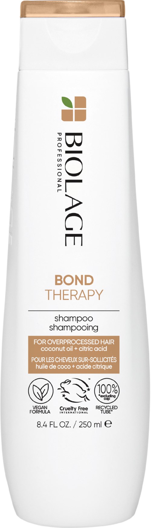 En hvit sjampoflaske med gullhette, Biolage-merke, Bond Therapy for skadet hår, 8,4 oz.