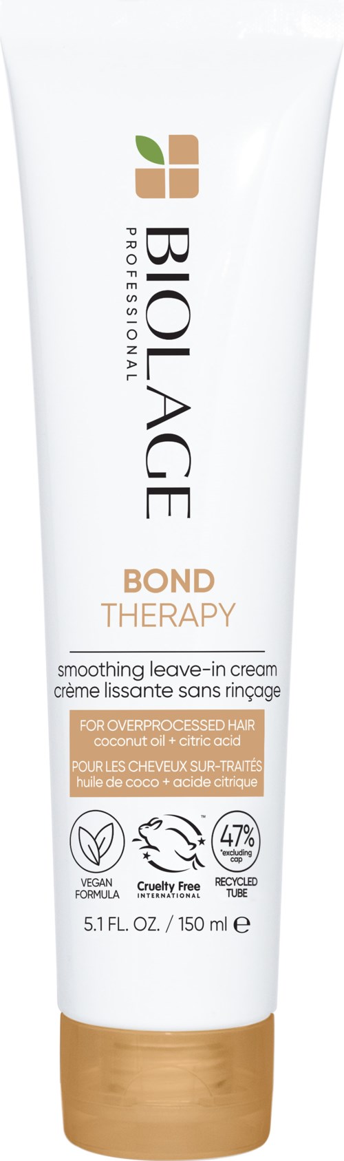 En vit tub med brunt lock, märkt Biolage Bond Therapy leave-in kräm för slätt hår, med ikoner för naturliga ingredienser.