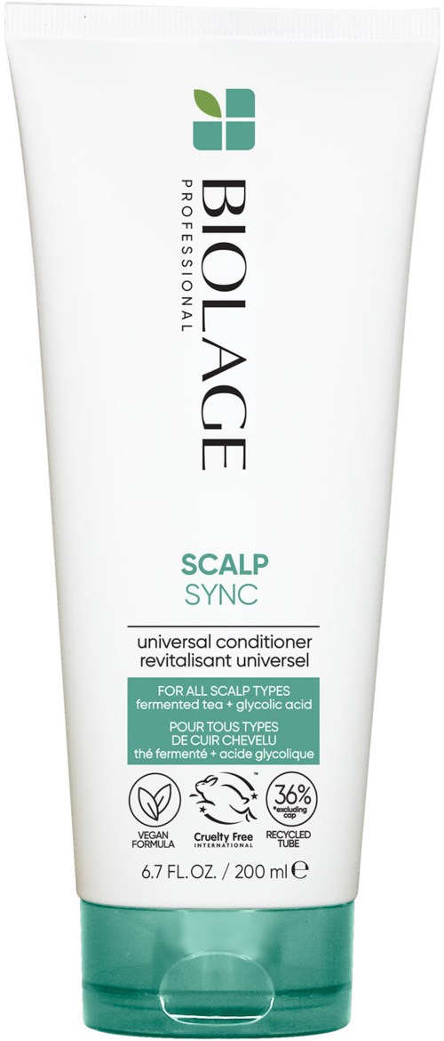 En vit tub med Biolage schampo för hårbotten med grönt lock och märkesspecifikationer.