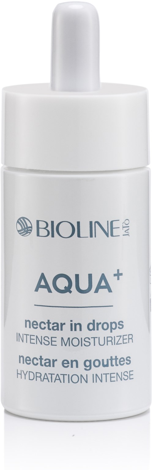 En vit flaska med pipettlock, märkt 'Bioline Aqua+,' för att återfukta huden med nectar i droppar.