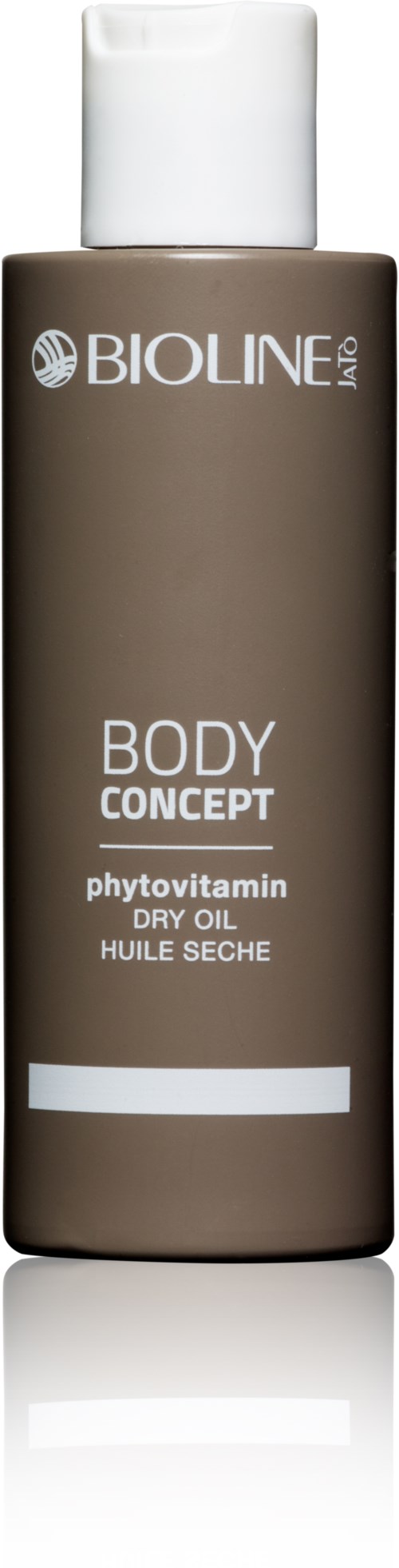 En brun flaske med hvid låg mærket Bioline, Body Concept, phytovitamin tør olie.