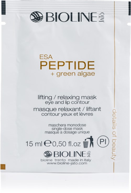 En påse märkt 'Bioline Jato' med 'ESA Peptide + green algae' för en ansiktsmask.
