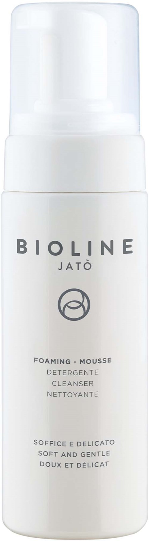 Weiße Flasche mit Bioline Jatò schäumendem Reiniger mit Text und Logo auf dem Etikett.